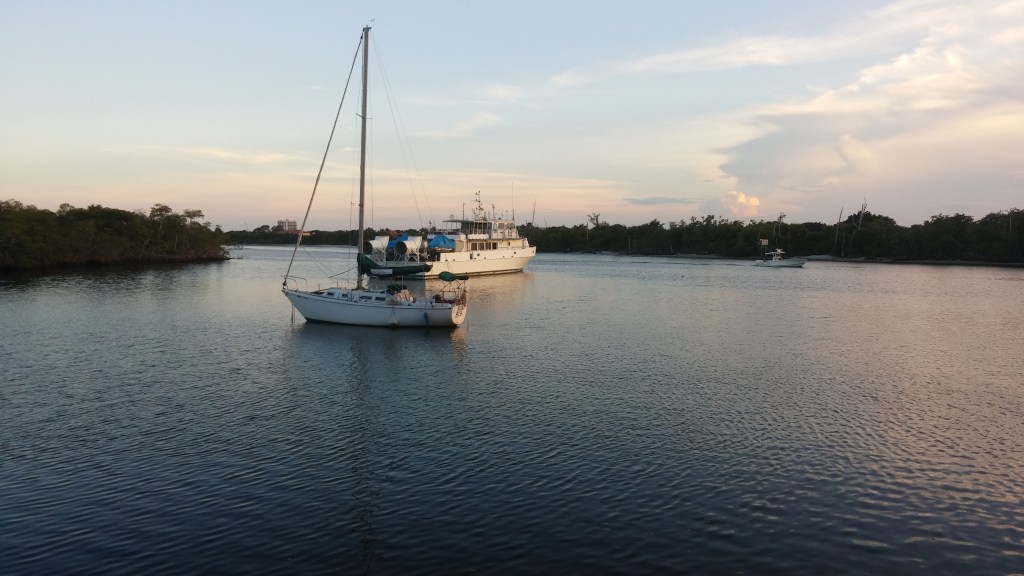 Boats on the Intracoastal waterway at sunset.