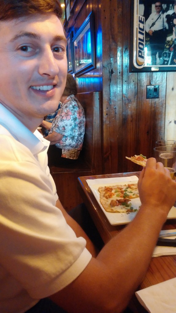 P enjoying his Zinger flatbread. 